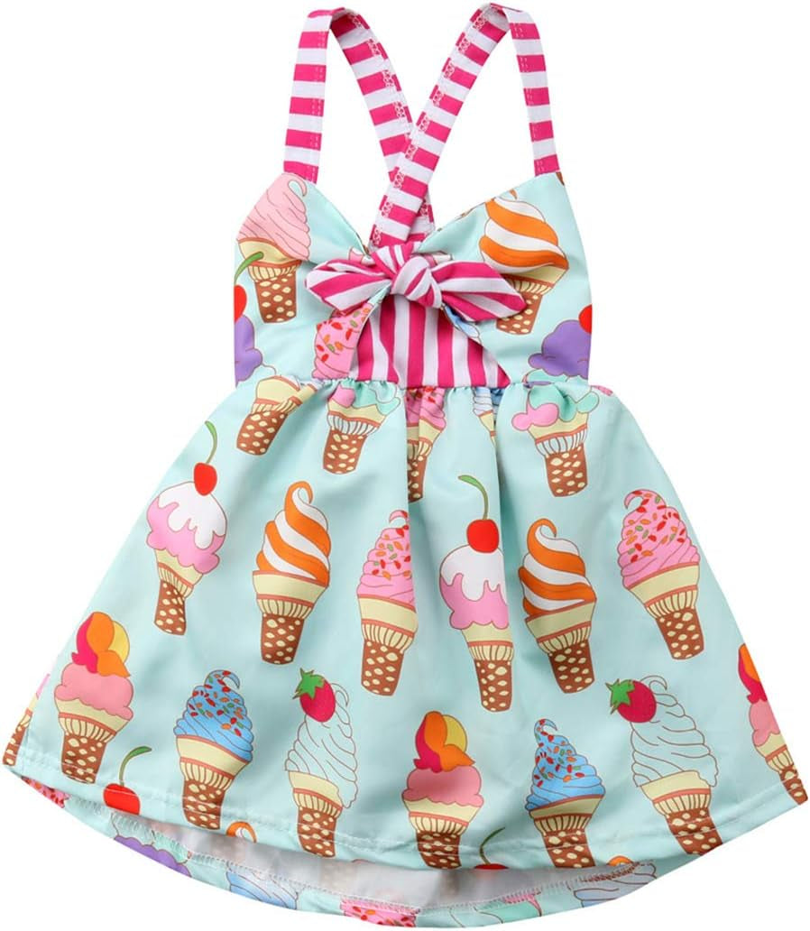 Toddler Baby Girls Summer Skirt Ice Cream Print Sleeveless Strap Backless Dress