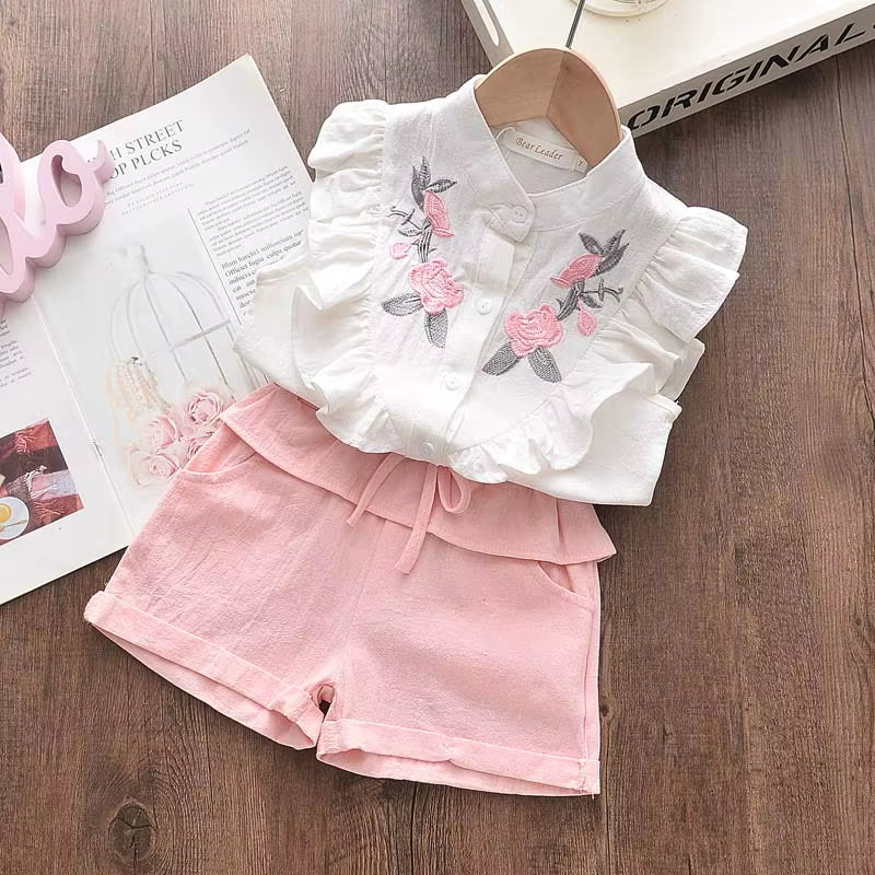 Girls' Clothing Set 2023 Summer New Casual Children'S Embroidered Sleeveless Shirt+Shorts Set Girls' Baby Clothing